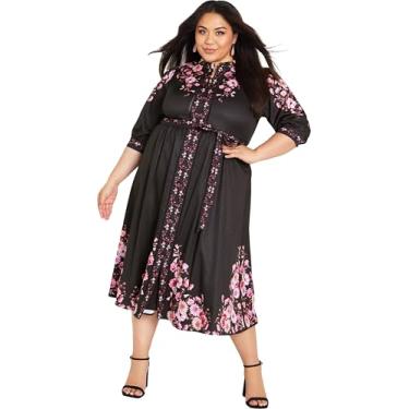 Imagem de City Chic Women's Apparel Vestido midi feminino plus size, manga comprida, gola V, estampa floral, Blk Patrice Border, 46