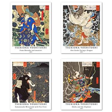 Imagem de Conjunto de 4 papéis de arte giclée de arte sem moldura, arte japonesa Ukiyo-e, decoração de quarto lindos pôsteres multicoloridos vintage mitos e lendas contos pintura Tsukioka Yoshitoshi