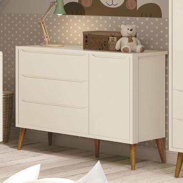 Imagem de Cômoda Infantil 1 Porta E 3 Gavetas Theo Retrô Areia Fosco Com Pés Amadeirado - Reller Móveis Areia Fosco