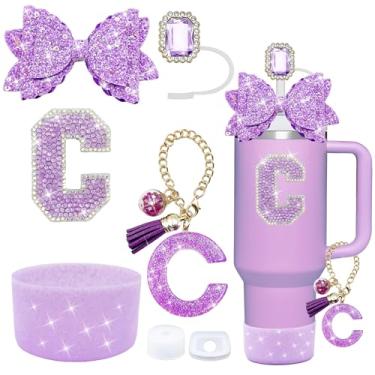Imagem de Conjunto de acessórios de copo Stanley roxo de 7 peças, decorações de iniciais para Stanley Cup 850.5 g 1,134 g, inclui cobertura de canudo de joia, tampa à prova de derramamento, pingente de alça