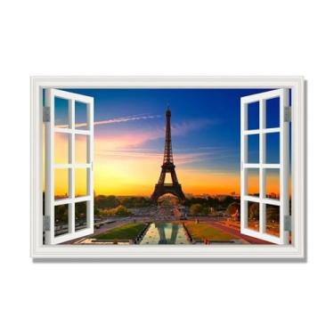 Imagem de Janela de arte de parede com impressão em tela. Vista de janela falsa. Impressão de imagem natural em tela. Arte de cenário para decoração de sala de estar. (Vista da Torre Eiffel de Paris 20). 80 x