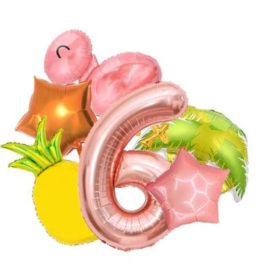 Imagem de Hawaiian 6th Birthday Anniversary Party Supplies 6 Pcs 40 Inch Giant Foil Helium Balloon Set Flamingo Coconut Palm Pineapple Sixth Summer Party Decorations Tropical 6 Years Old Party Decor for Kids