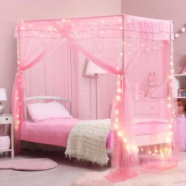 Imagem de YEERSWAG Cama De Solteiro Com Dossel E Luzes, Para Meninas Princesa Estrelas Luminosas, Cortinas Solteiro, Decoração Quarto Infantil, Beliche 4 Postes Canto Dormitório Estudantil, Rosa