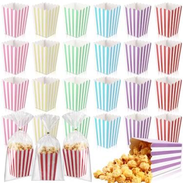 Imagem de Gueevin 36 conjuntos de mini caixas de pipoca e saco de petisco transparente para doces com sacos de celofane transparentes e baldes de pipoca de papel listrado de arame dourado para artigos de festa