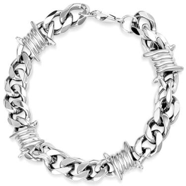 Imagem de LuxGoth Pulseira de corrente de arame farpado de aço inoxidável com espinhos cubanos, gótico, punk rock, motociclista, vintage, viking, amêndoas, para homens e mulheres, prata GTS-B1B45002