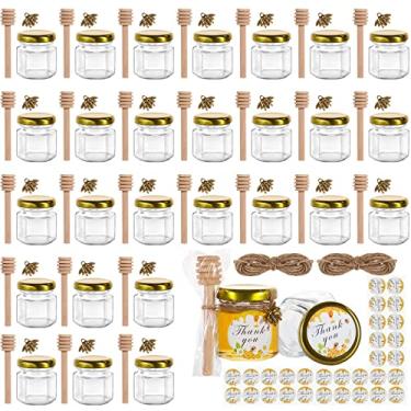 Imagem de BIGIVACA 1.5 oz Hexagon Mini Glass Honey Jars with Wood Dippers,30 Pack Small Honey Jars with Gold Lids,Bee Pendants,Jutes,35 Bee Stickers,Perfect for Baby Shower,Wedding Favors,Party Favors