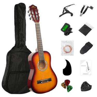 Imagem de BESYOU Kit básico de afinador de guitarra acústica para iniciantes de 76,2 cm para iniciantes Capo Cordas Enroladores de Alça Palhetas para Estudantes/Crianças Guitarra Pickguard com Gig Bag Sunset