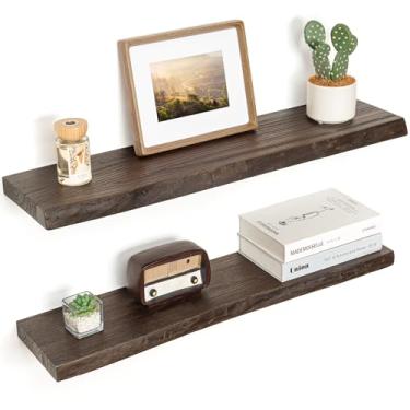 Imagem de Prateleiras flutuantes para decoração de parede, prateleiras flutuantes de madeira de olmo maciça rústica montadas na parede, prateleiras de parede com suporte invisível para sala de estar, banheiro