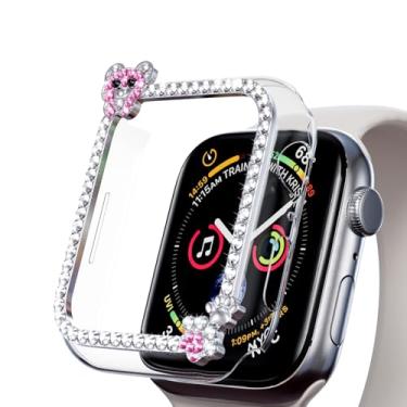 Imagem de AKABEILA Compatível com Apple Watch 7/8/9 45 mm, capa protetora feminina Gils Glitter Diamond Strass Bumper para iWatch Smartwatch Acessórios Urso - Prata