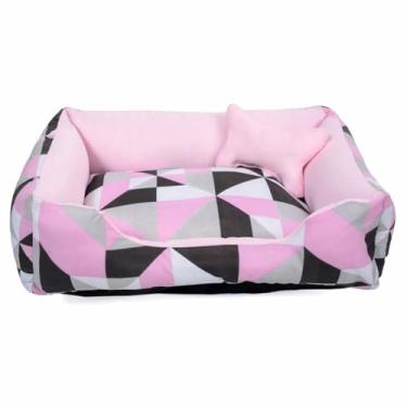 Imagem de Cama Caminha Pet para Cachorro ou Gato Médio 60cm x 47cm Lavável com Fundo Impermeável + Ossinho (Triangulo Rosa/Rosa)