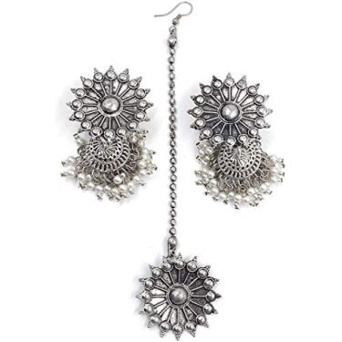 Imagem de JD'Z COLLECTION Brinco indiano oxidado de prata Mang Tika feito à mão, bijuteria tradicional conjunto de roupa de casamento, liga, não conhecido,