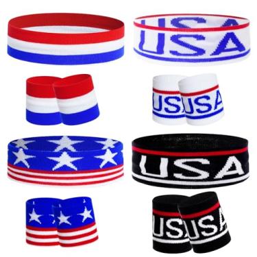 Imagem de cnomg Conjunto de faixa de cabeça e pulseira esportiva com bandeira americana listrada para homens e mulheres, basquete, academia, Dia da Independência, Dia da Memorial, fitness e celebrações de