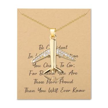 Imagem de LQRI Presente de aviação banhado a ouro colar com pingente de avião futuros presentes piloto comissária de bordo presente de pós-graduação piloto, Small, Metal, Liga metálica.