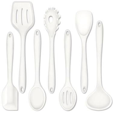 Imagem de P&P CHEF Conjunto de 7 utensílios de cozinha de silicone, à prova de calor, para panelas antiaderentes, espátula antiaderente, espátula com fenda, concha de sopa, servidor de macarrão, colher para