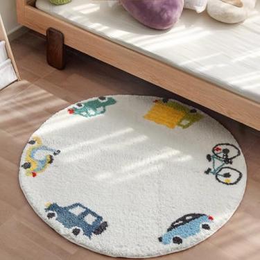 Imagem de Poowe Tapete de brinquedo infantil redondo de 1 m, tapete infantil de lã sintética macia para carro/caminhão, tapete infantil para quarto, sala de estar, sala de jogos