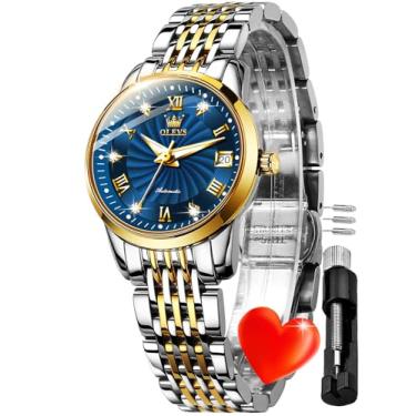 Imagem de OLEVS Relógios automáticos para mulheres ouro clássico diamante feminino auto-liquidação pequeno relógio de pulso de aço inoxidável presente, 6630: azul, Relógio automático