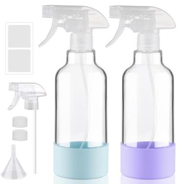 Imagem de Frascos de vidro com manga de silicone, pacote com 2 recipientes recarregáveis de 473 ml com bicos de spray ajustáveis, spray vazio para soluções de limpeza, cabelo, plantas