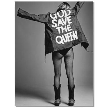 Imagem de Moderno luxo arte de parede retrô moda linda menina mostrando casaco pôster para quarto de meninas decoração de parede vintage feminista preto e branco arte impressão em tela para dormitório feminino