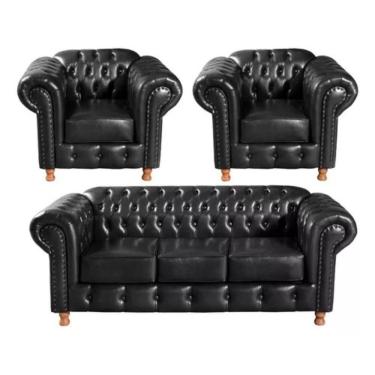 Imagem de Conjunto Sofá 3 Lugares E 2 Poltrona Chesterfield Luís Xv Vintage Retrô Capitonê Couro Preto