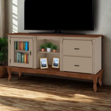 Imagem de Rack Para Tv 2 Gavetas 1 Porta E Nicho - Amêndoa Laca Com Tampo E Base Imbuia Glazer