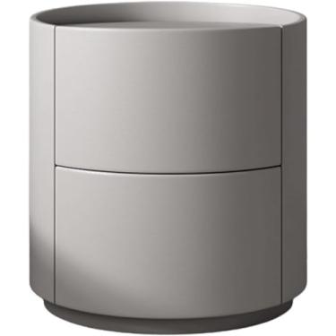 Imagem de Mesa De Cabeceira Elegante Mesa De Cabeceira Criativa De Madeira Redonda 2 Gavetas Mesa De Cabeceira Leve De Luxo Imitação De Couro Envolto Em Armário De Cabeceira, Light Gray