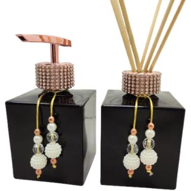 Imagem de Kit Lavabo De Vidro Com Dispenser Para Sabonete Líquido E Aromatizador 250Ml, Válvula Com Strass, Pingente Decorativo, Ideal Para Banheiro E Lavabo Elegante - Luiggi Presentes® (Preto e Dourado)