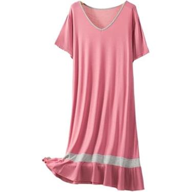 Imagem de Camisolas E Camisolas Femininas - Plus Size Mulheres Camisolas Modais Com Decote V Camisola Feminina De Manga Curta Camisola De Verão Casual Roupa De Dormir Patchwork Camisola, Rose Red, L