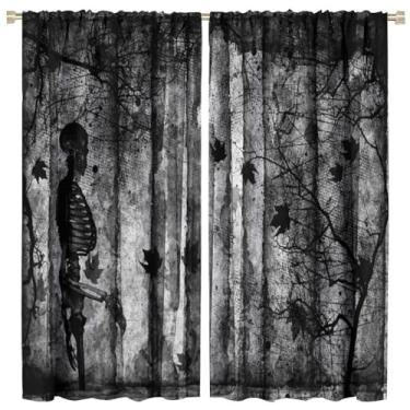 Imagem de Cortinas góticas de floresta assustadora escura, tema assustador, esqueleto humano enevoado, folhas de outono, ramos mortos, padrão abstrato, cortinas blackout para janela com bolso para varão, para