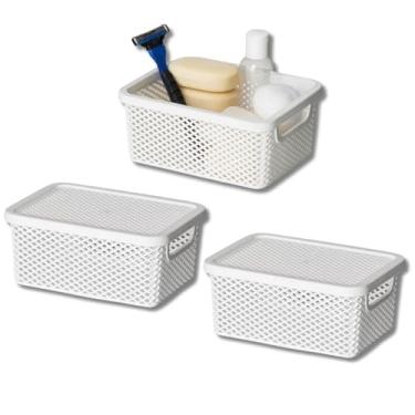Imagem de Kit com 3 Caixa Organizadora Pequena Vazada com Tampa Multiuso Cesto pequeno Para Armário de Cozinha Lavanderia Escritório Banheiro Despensa 18x13x8cm Cor Branca