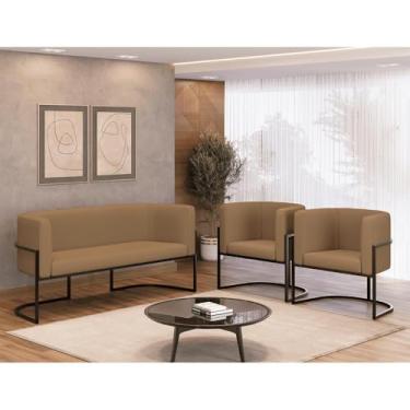 Imagem de Kit 2 Poltronas + Sofá 2 Lugares Base de Metal Black Veludo Cor:capuccino
