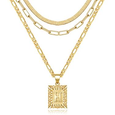 Imagem de KissYan Conjunto de colar em camadas de ouro para mulheres, banhado a ouro 14 K com pingente de letra inicial e clipe de papel, gargantilha de cobra e alfabetos de A-Z Fígaro, colar de corrente de
