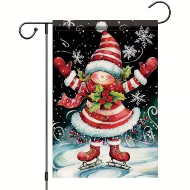 Imagem de Saoplasa Bandeira de jardim de Natal patinação menina roupa listrada vermelha 30,5 x 45,7 cm faixa dupla face exterior quintal para férias de inverno gelo neve decoração decoração de boas-vindas