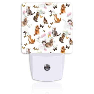 Imagem de Neidius Gatos fofos, borboletas, luz noturna, plug-in, luz noturna de peônia, sensor automático do crepúsculo ao amanhecer, lâmpada LED de eficiência energética para decoração de quarto, corredor
