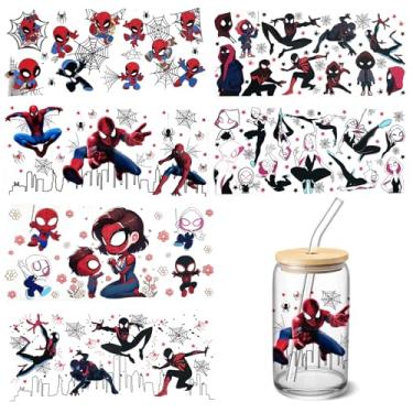 Imagem de 6 folhas de adesivos de transferência UV DTF de desenho animado para copos de vidro de 473 ml, adesivos de decalque de copo para artesanato (herói vermelho)