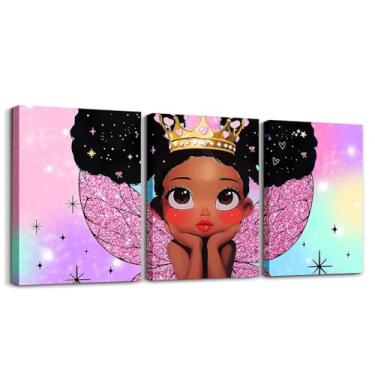 Imagem de Feelyou Linda arte de parede em tela de menina negra para sala de estar quarto 30,5 cm x 40,6 cm 3 peças de decoração de parede com imagem afro-americana para decoração de casa, banheiro, asas de