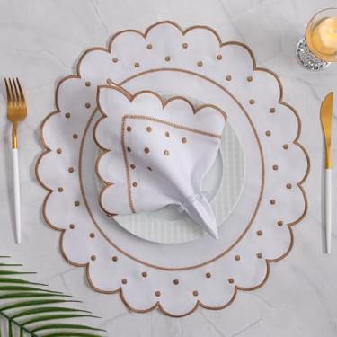 Imagem de Kit Jogo Americano Sousplat Bordado Suplat de Mesa Posta Redondo/Retangular e Guardanapos (Poá Marfim, Mesa 2 Lugares (4 Peças))