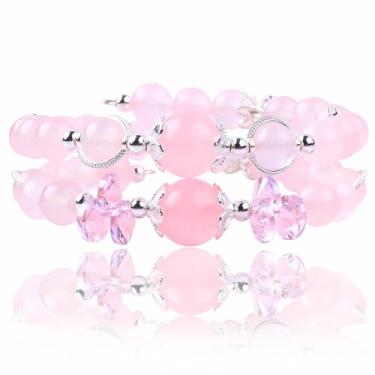 Imagem de FORBY 1 pulseira natural com contas de 8 mm para mulheres, pulseira de pedra de cristal de cura, quartzo rosa, ametista para mulheres, moda chakra, ansiedade, ioga, presente de cura