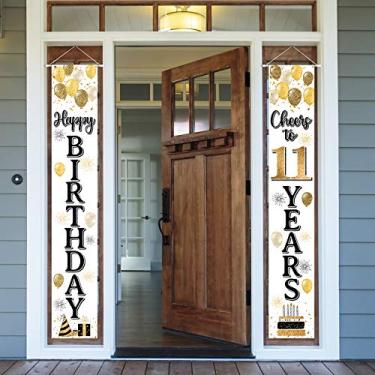 Imagem de LASKYER Happy 11th Birthday Door Banner – Cheers to Onze Years Old Children Painel de fundo para porta da porta da varanda, decorações de festa de aniversário de 11 anos.
