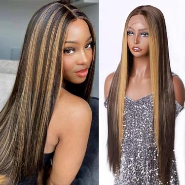 Imagem de Peruca longa reta frontal de cabelo sintético pré-arrancado 180 densidade 76 cm HD transparente sem cola peruca frontal de renda com cabelo de bebê, linha fina natural peruca de fibras sintéticas para