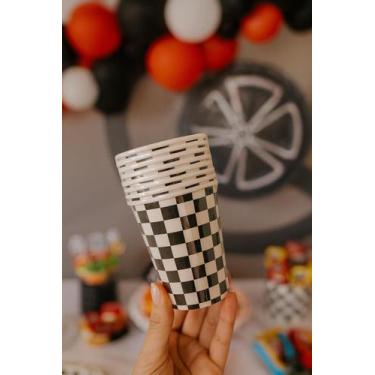 Imagem de 8 Copos de Papel Xadrez Preto e Branco 250 ml Festa Boteco, Corrida e 