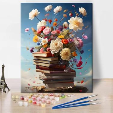 Imagem de Buquê de flores e livros pintura por números para adultos, fundo de céu azul, kit de arte faça você mesmo com pincéis de tintas acrílicas em tela de 40,6 x 50,8 cm, pintura criativa relaxante para