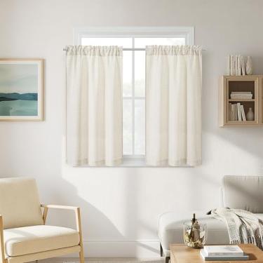 Imagem de Cortinas de linho para cozinha de 101 cm, 2 painéis, semitransparentes, filtragem de luz, privacidade, cortinas pequenas para sala de estar, quarto, banheiro, bolso para varão, cortinas de janela