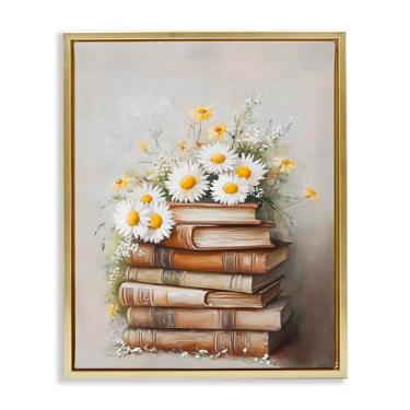 Imagem de Stupell Industries Book Stack with Daisies Gold Framed Floater Canvas Wall Art, design by Arlington Prints, 21 x 17