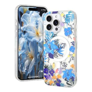 Imagem de AIGOMARA Capa magnética para iPhone 15 Pro Max [compatível com MagSafe] Design com estampa floral transparente, fina, antiamarelamento, à prova de choque, para mulheres e meninas, azul