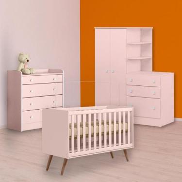 Imagem de Berço Mini Cama Cômoda Trocador e Guarda Roupa Cômoda Rosa - Qmovi