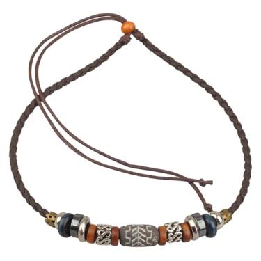 Imagem de Ancient Tribe Colar gargantilha tribal Boho com cordão de couro trançado, contas de cerâmica e fecho ajustável, 38 cm, One Size, Couro Madeira Zinco, Sem Pedra Preciosa