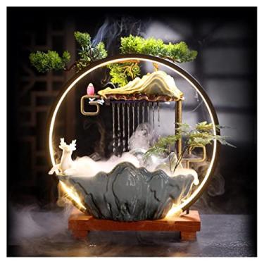 Imagem de XFNVXC Fonte decorativa interna de mesa Fonte de água circulante chinesa com lâmpada círculo casa ornamento fortuna escritório sala de estar decoração de mesa Rockery Fountain casa