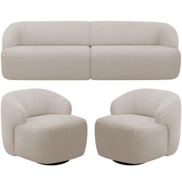 Imagem de Sofá 3 Lugares Curvo Orgânico com 02 Poltronas Para Sala Living 220cm Barolo L06 Bouclê Bege - Lyam Decor