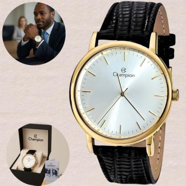 Imagem de Relógio Champion Masculino Social Caixa Dourada Mostrador Prata Pulseira Couro Preto Analógico Quartzo Prova D`água 50 Metros CN20042B