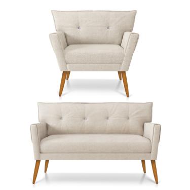 Imagem de Kit 01 Namoradeira 02 Lugares e 01 Poltrona Anitta com Strass Linho Pés Palito Castanho - D?Rossi